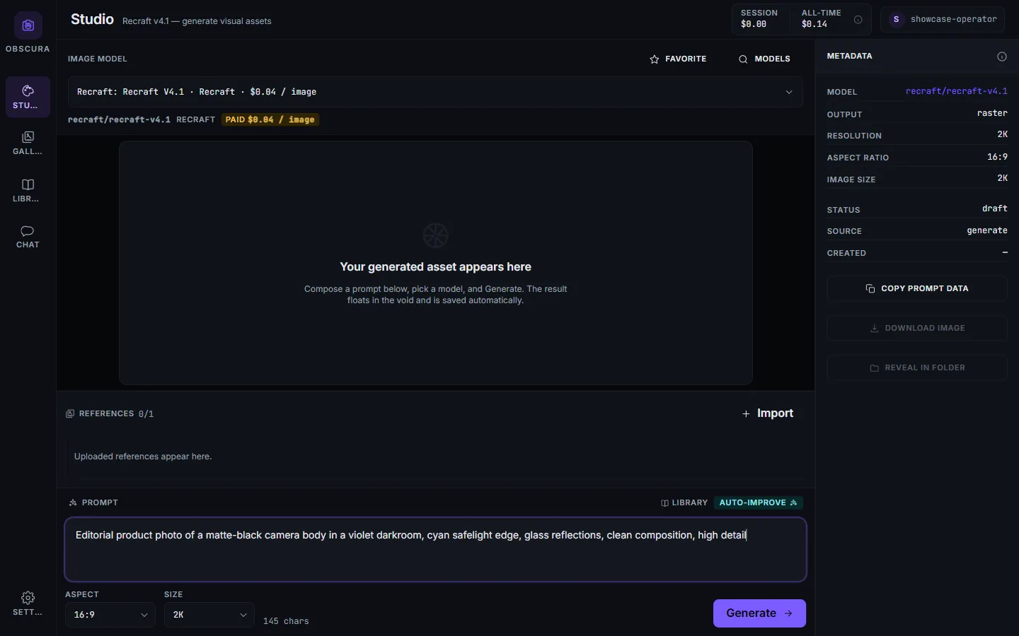 The Studio — compose a prompt, pick a model, and see the cost before you generate
