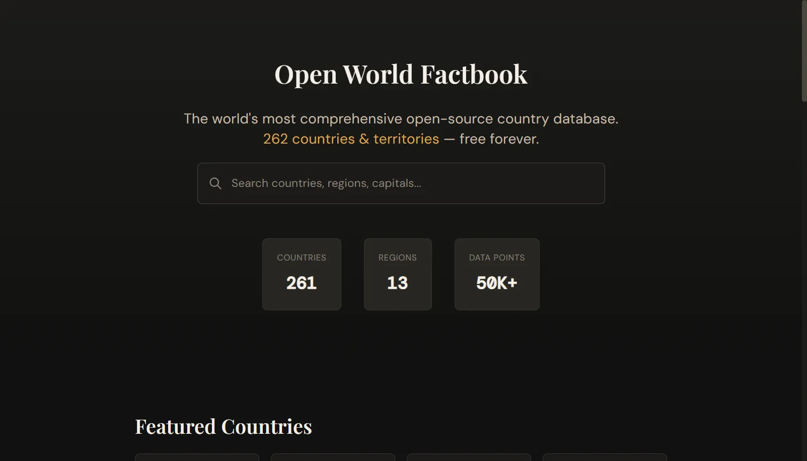 Open World Factbook — country database covering 262 countries and territories