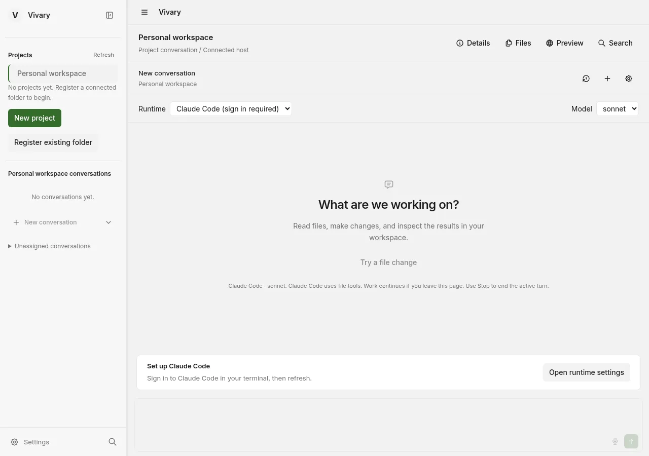 Vivary development screenshot from September 22, 2026, showing the project sidebar and a new agent conversation. Historical capture; V1 alpha acceptance is ongoing.