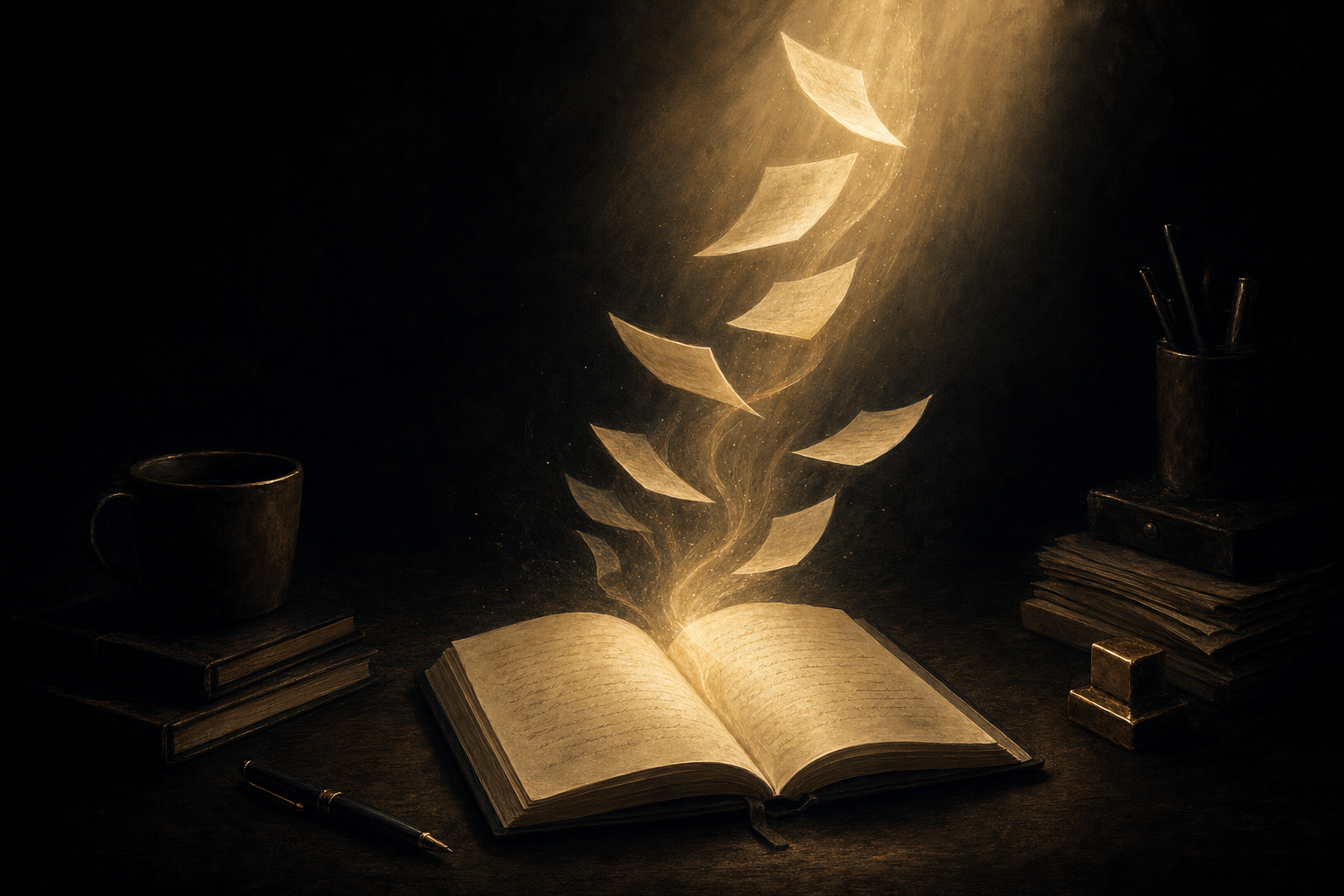 An open notebook on a dark desk, pages of light rising toward a beam of golden light